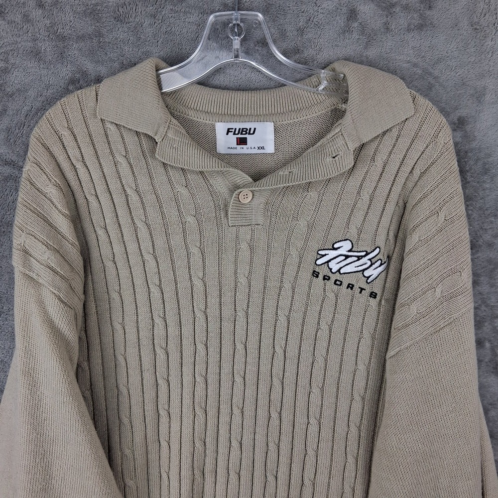 Vtg 90s FUBU Sports Cable Knit Sweater Mens XXL Tan Khaki Polo Made in USA